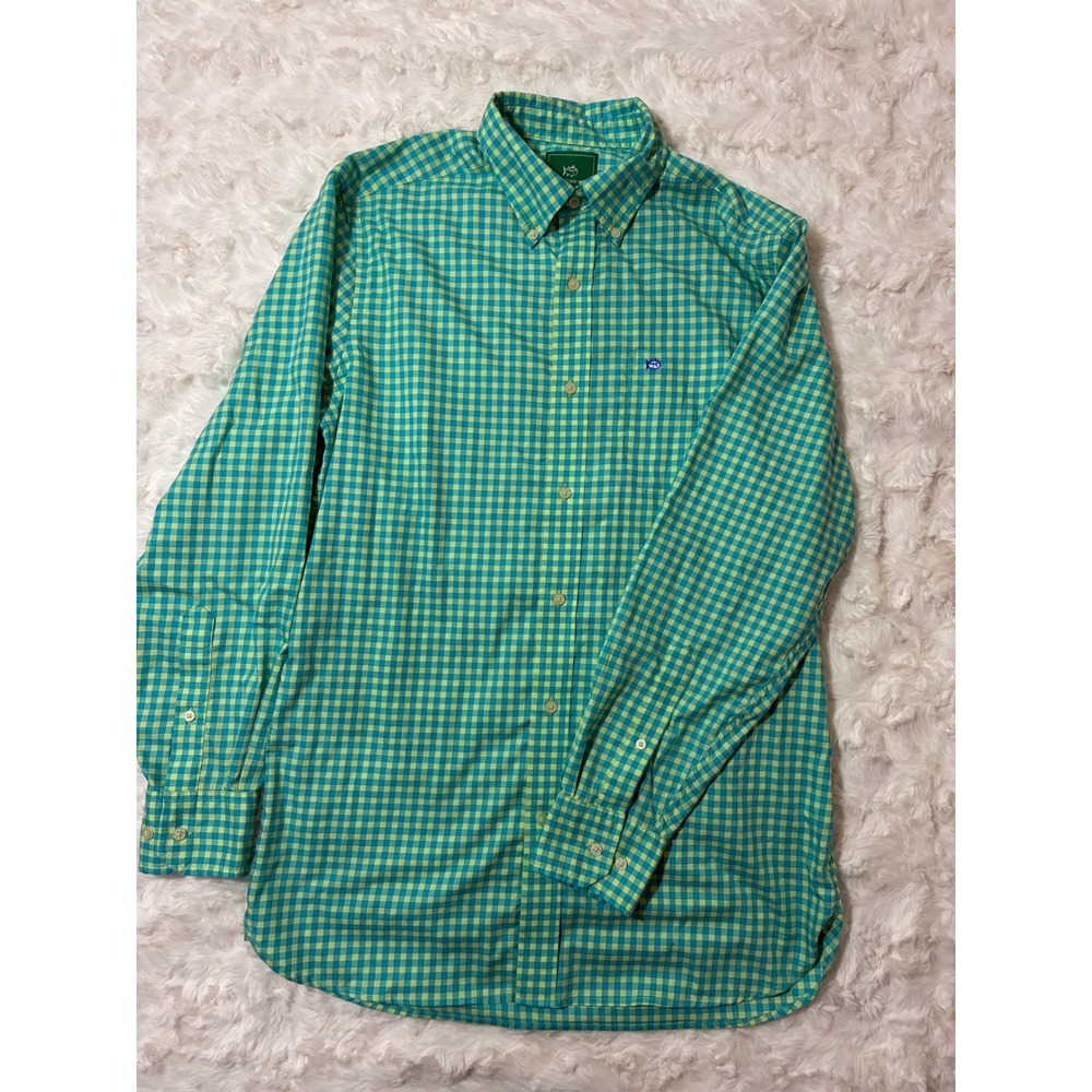 Southern Tide Club Mens Performance Cotton Gingham Button Down Shirt Blue Yellow